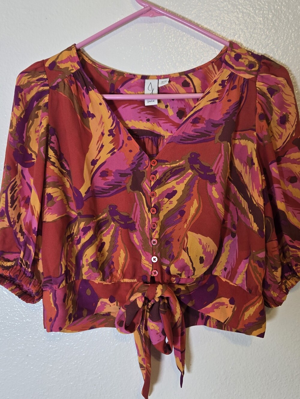 Joie Top Floral Button Bow Tie Front Crop Blouse Medium Cottagecore